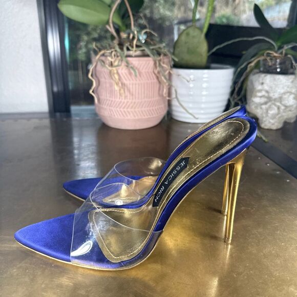 Jessica Rich Stiletto Mules 8 38 Pump Clear Strap Cocktail Formal Chic Navy Blue - Picture 4 of 10